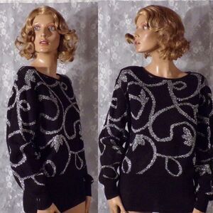 Vintage 80s Sweater 1980s Black Silver Whimsygoth New Wave Retro Size Large